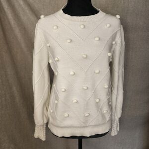 Simplee Women's L Ivory Pom Pom Knit Sweater Chic Textured Cozy Winter Pullover